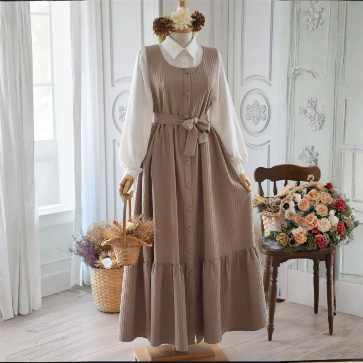 เดรสผ้าฝ้ายโบว์เอว